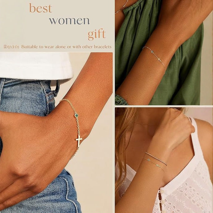 Pulsera de cruz bañada en oro de 18 quilates con piedra de nacimiento, regalo de cumpleaños para mujer