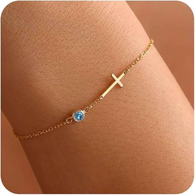 Pulsera de cruz bañada en oro de 18 quilates con piedra de nacimiento, regalo de cumpleaños para mujer