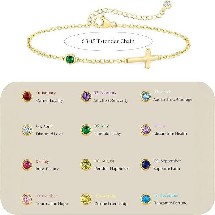 Pulsera de cruz bañada en oro de 18 quilates con piedra de nacimiento, regalo de cumpleaños para mujer