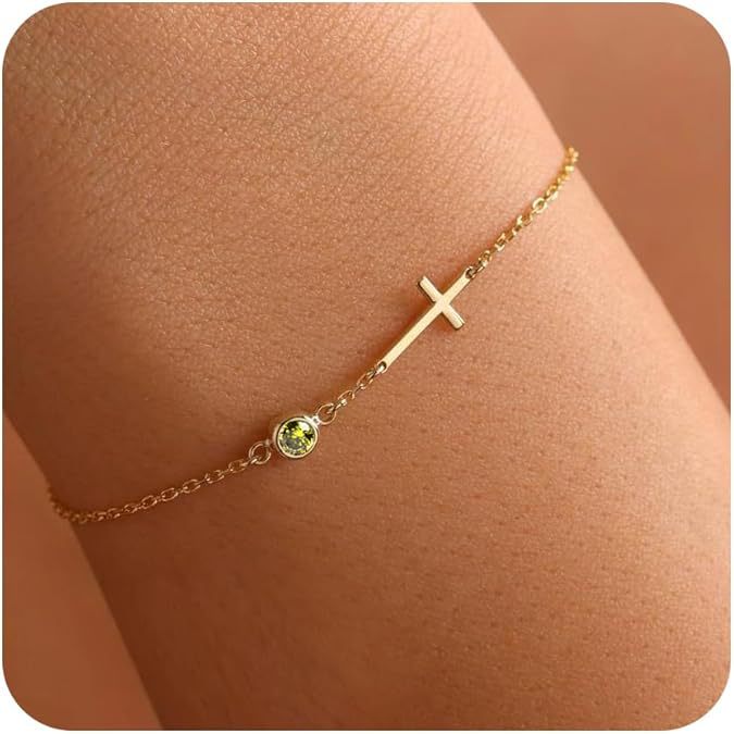 Pulsera de cruz bañada en oro de 18 quilates con piedra de nacimiento, regalo de cumpleaños para mujer