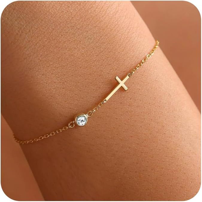Pulsera de cruz bañada en oro de 18 quilates con piedra de nacimiento, regalo de cumpleaños para mujer