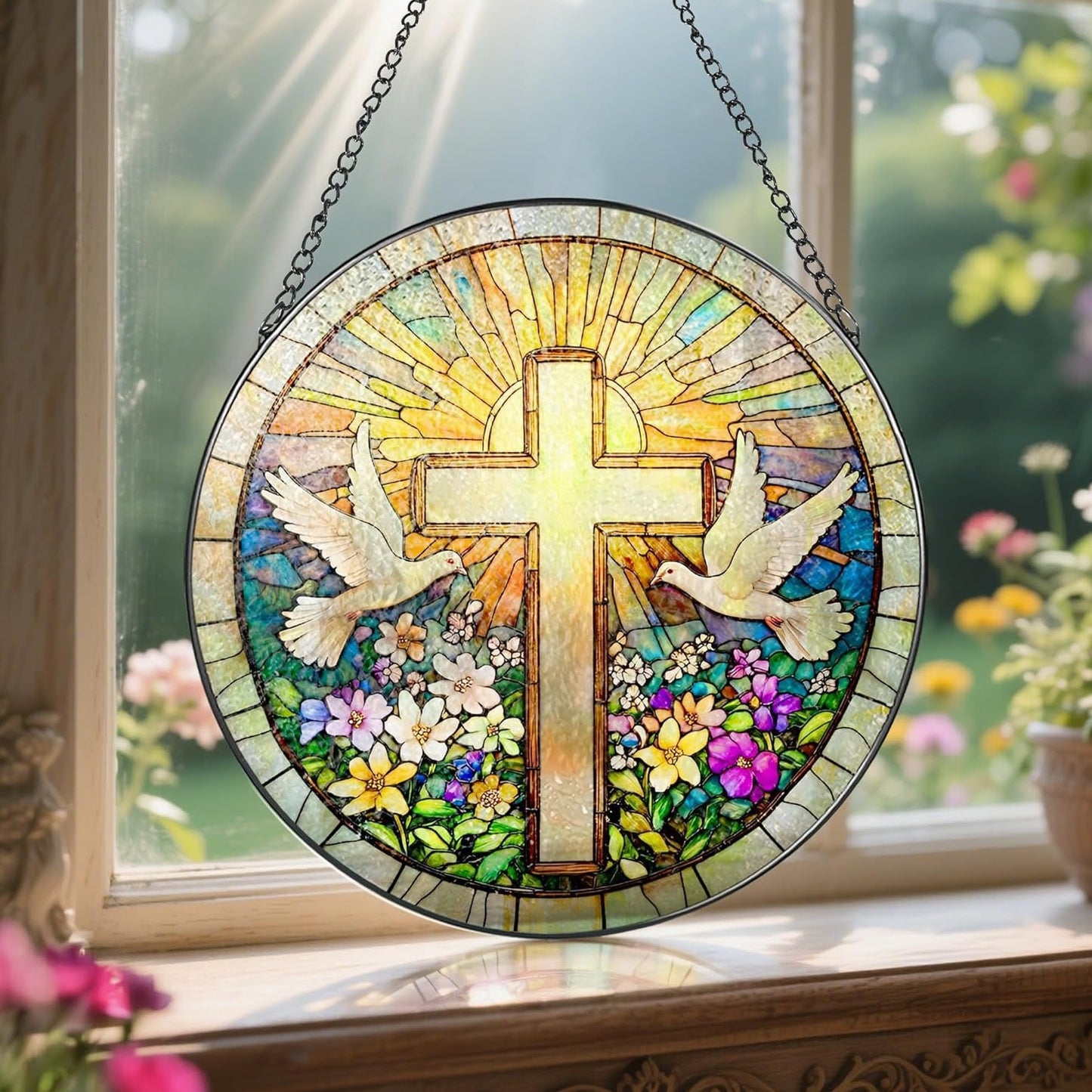 Acrylkreuz mit Wildblumen und Sonnenfänger 
