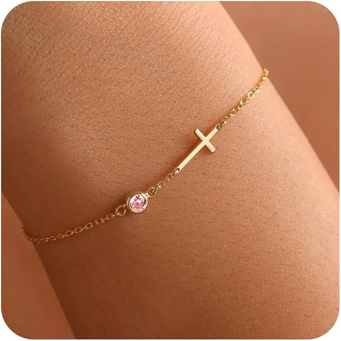 Pulsera de cruz bañada en oro de 18 quilates con piedra de nacimiento, regalo de cumpleaños para mujer
