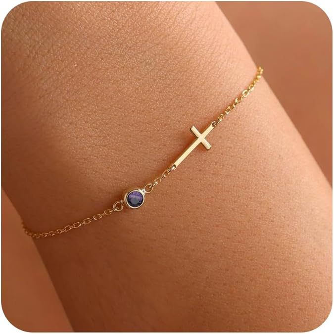 Pulsera de cruz bañada en oro de 18 quilates con piedra de nacimiento, regalo de cumpleaños para mujer