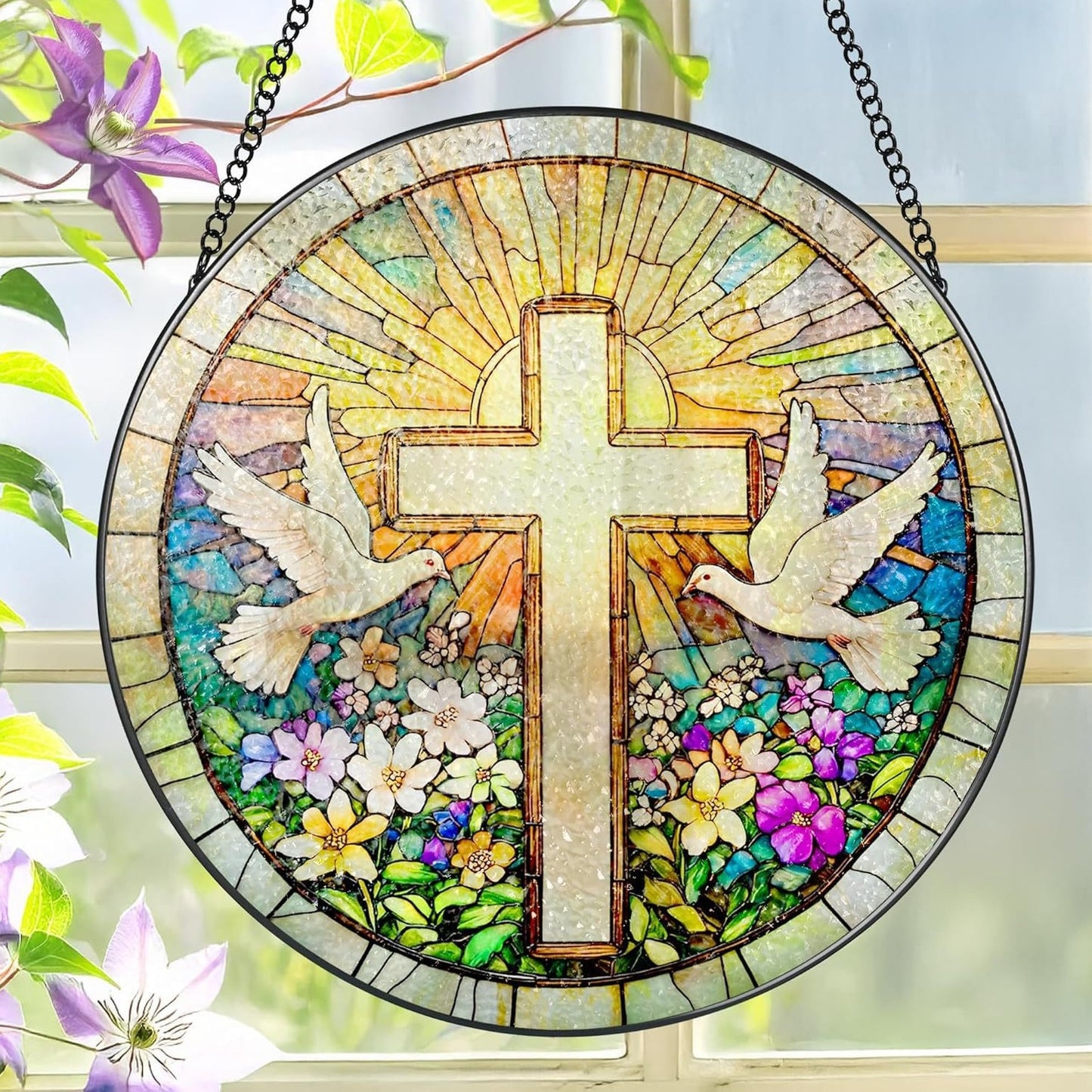 Acrylkreuz mit Wildblumen und Sonnenfänger 