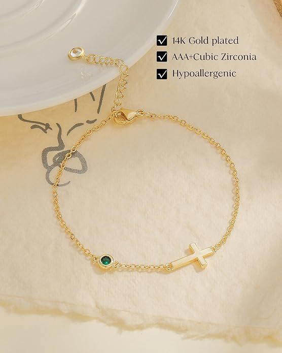 Pulsera de cruz bañada en oro de 18 quilates con piedra de nacimiento, regalo de cumpleaños para mujer