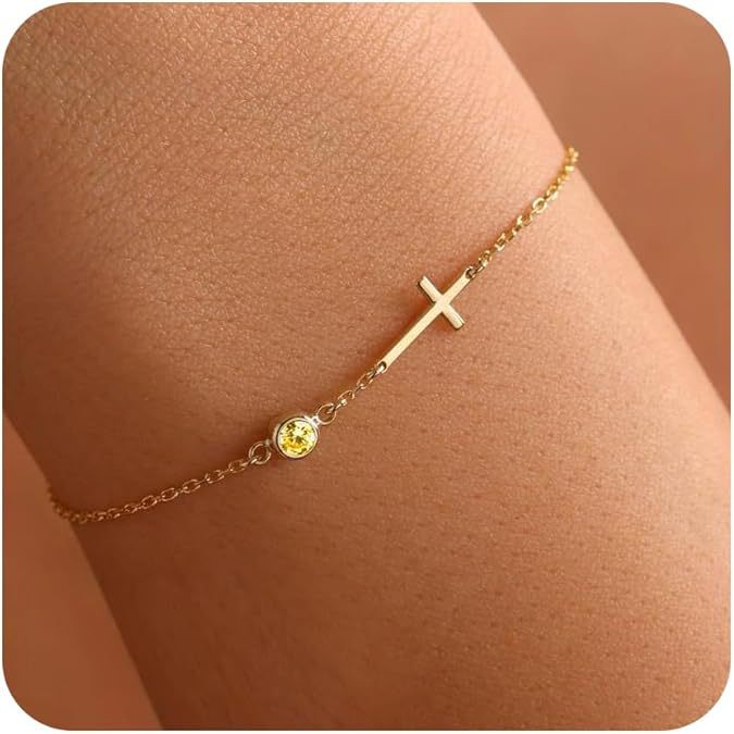 Pulsera de cruz bañada en oro de 18 quilates con piedra de nacimiento, regalo de cumpleaños para mujer