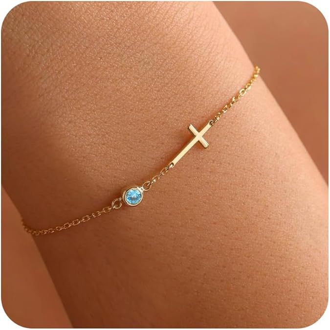 Pulsera de cruz bañada en oro de 18 quilates con piedra de nacimiento, regalo de cumpleaños para mujer